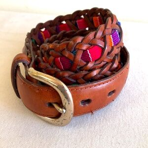 Fossil belt sz M braided brown leather w Guatemalan woven strap Boho festival